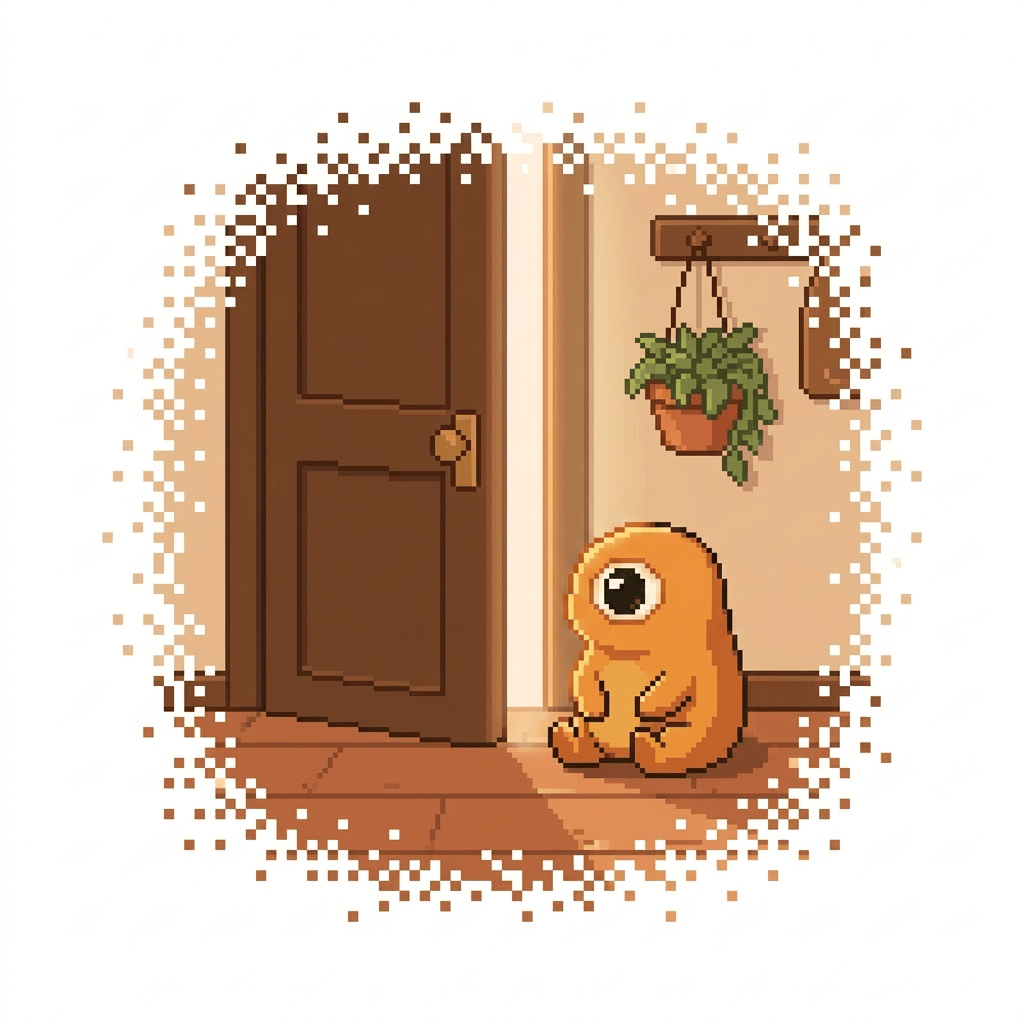 Finny sitting by a slightly open door in a cozy apartment